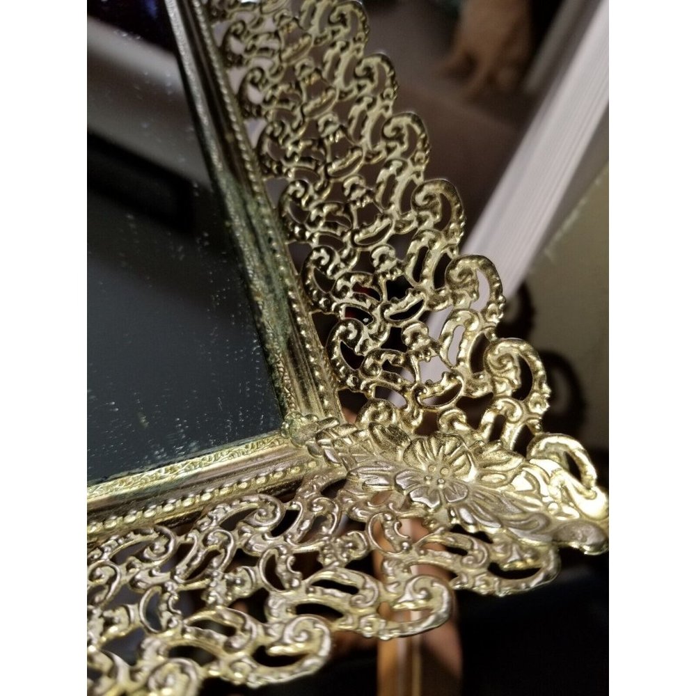 Vanity Dresser Mirror Tray with Filagree Gold Tone Metal Frame Vintage Rectangle - Picture 3 of 11
